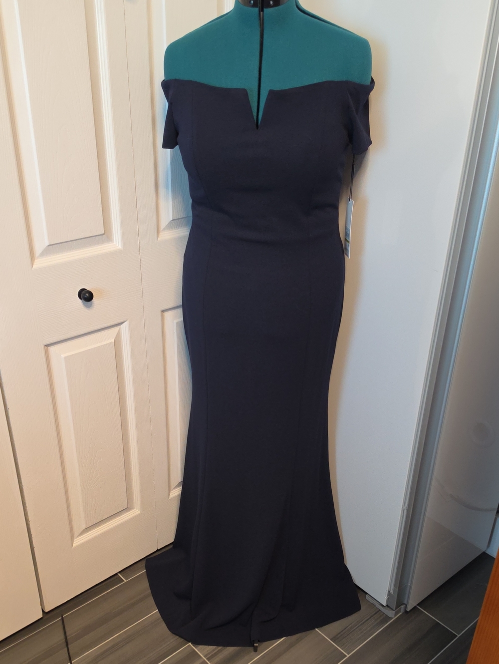 Calvin Klein Off-Shoulder Navy Evening Gown